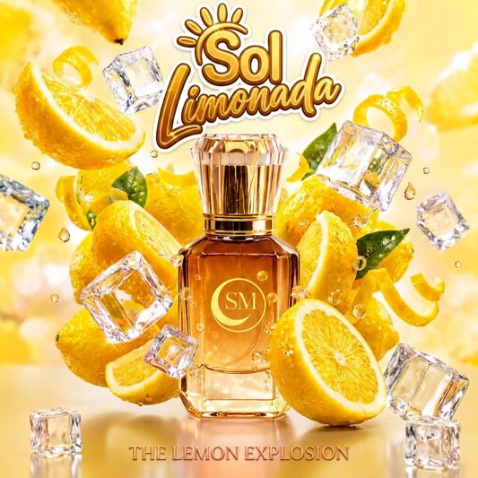 Sol Limonada perfume bottle surrounded by lemons and ice